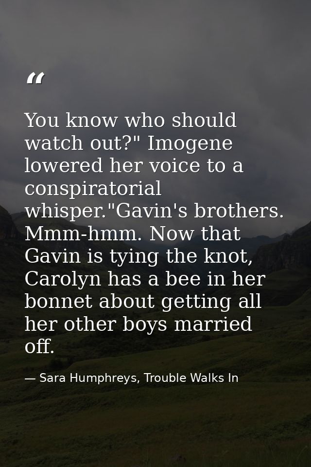 You know who should watch out?" Imogene lowered her voice to a conspiratorial whisper."Gavin's brothers. Mmm-hmm. Now th — Sara Humphreys, Trouble Walks In