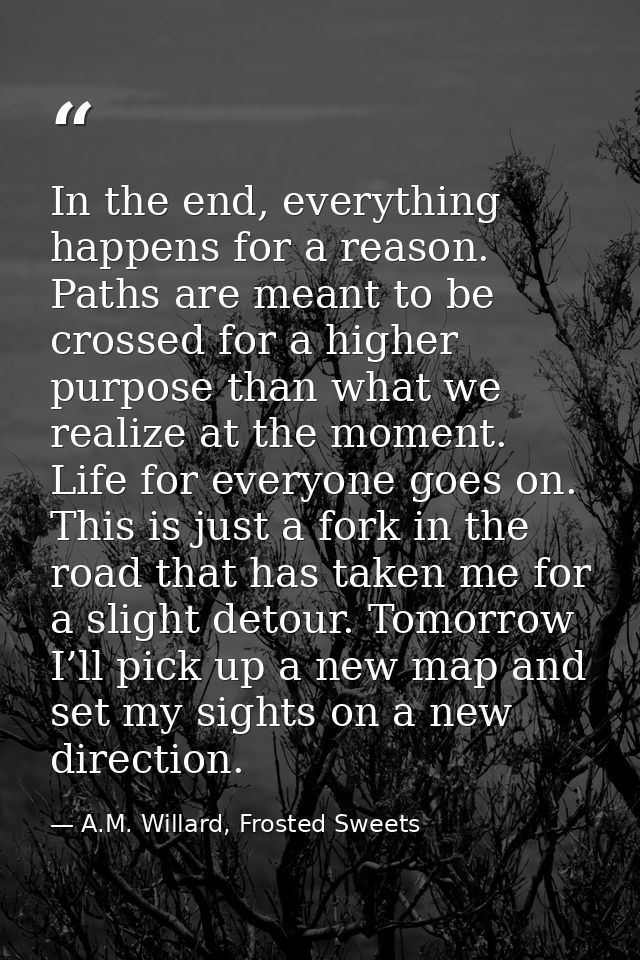 In the end, everything happens for a reason. Paths are meant to be crossed for a higher purpose than what we realize at  — A.M. Willard, Frosted Sweets