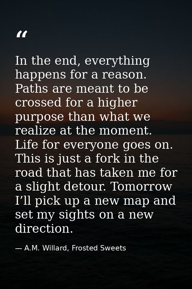 In the end, everything happens for a reason. Paths are meant to be crossed for a higher purpose than what we realize at  — A.M. Willard, Frosted Sweets