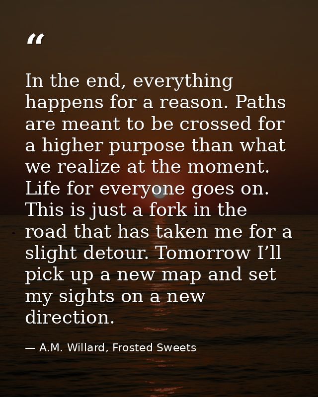 In the end, everything happens for a reason. Paths are meant to be crossed for a higher purpose than what we realize at  — A.M. Willard, Frosted Sweets