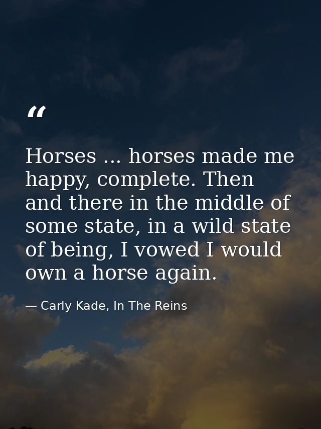 Horses ... horses made me happy, complete. Then and there in the middle of some state, in a wild state of being, I vowed — Carly Kade, In The Reins