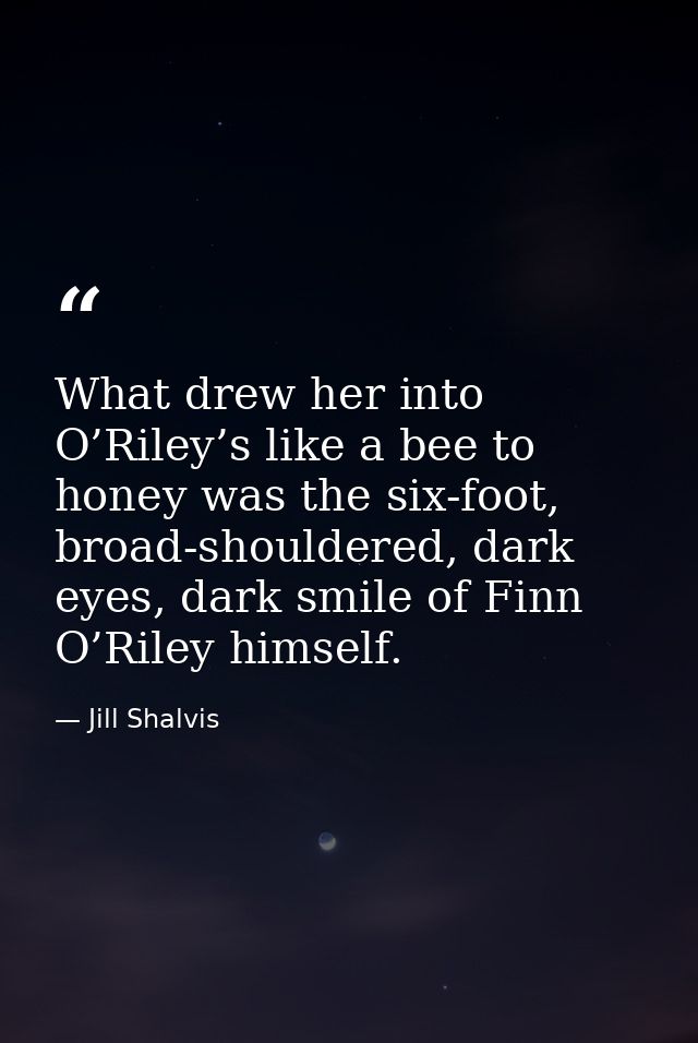 What drew her into O’Riley’s like a bee to honey was the six-foot, broad-shouldered, dark eyes, dark smile of Finn O’Ril — Jill Shalvis