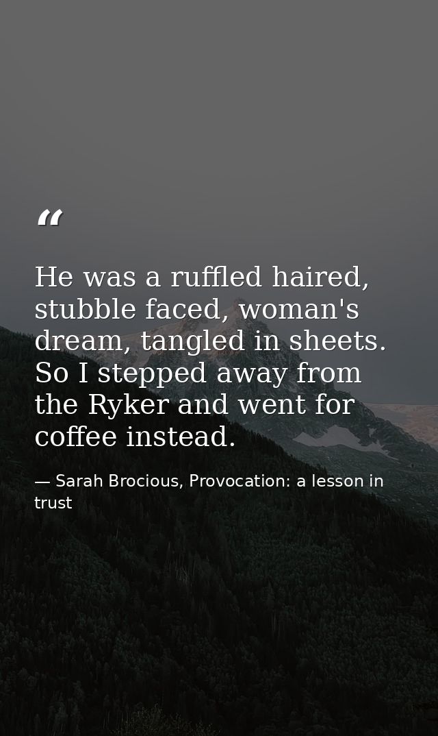 He was a ruffled haired, stubble faced, woman's dream, tangled in sheets. So I stepped away from the Ryker and went for  — Sarah Brocious, Provocation: a lesson in trust