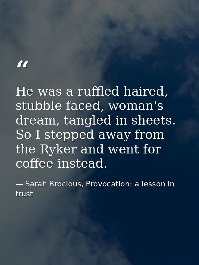 He was a ruffled haired, stubble faced, woman's dream, tangled in sheets. So I stepped away from the Ryker and went for  — Sarah Brocious, Provocation: a lesson in trust