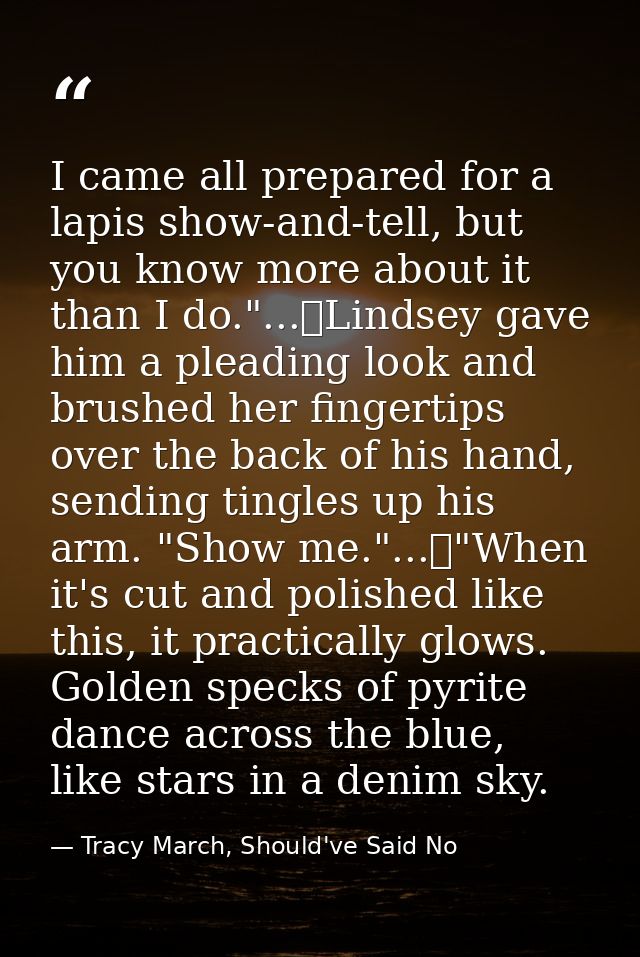 I came all prepared for a lapis show-and-tell, but you know more about it than I do."...	Lindsey gave him a pleading loo — Tracy March, Should've Said No
