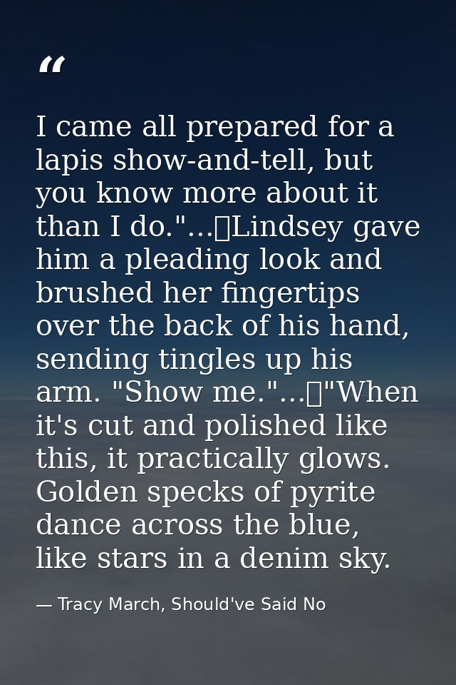 I came all prepared for a lapis show-and-tell, but you know more about it than I do."...	Lindsey gave him a pleading loo — Tracy March, Should've Said No