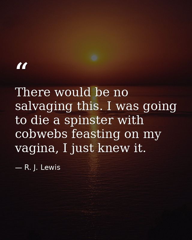 There would be no salvaging this. I was going to die a spinster with cobwebs feasting on my vagina, I just knew it. — R. J. Lewis