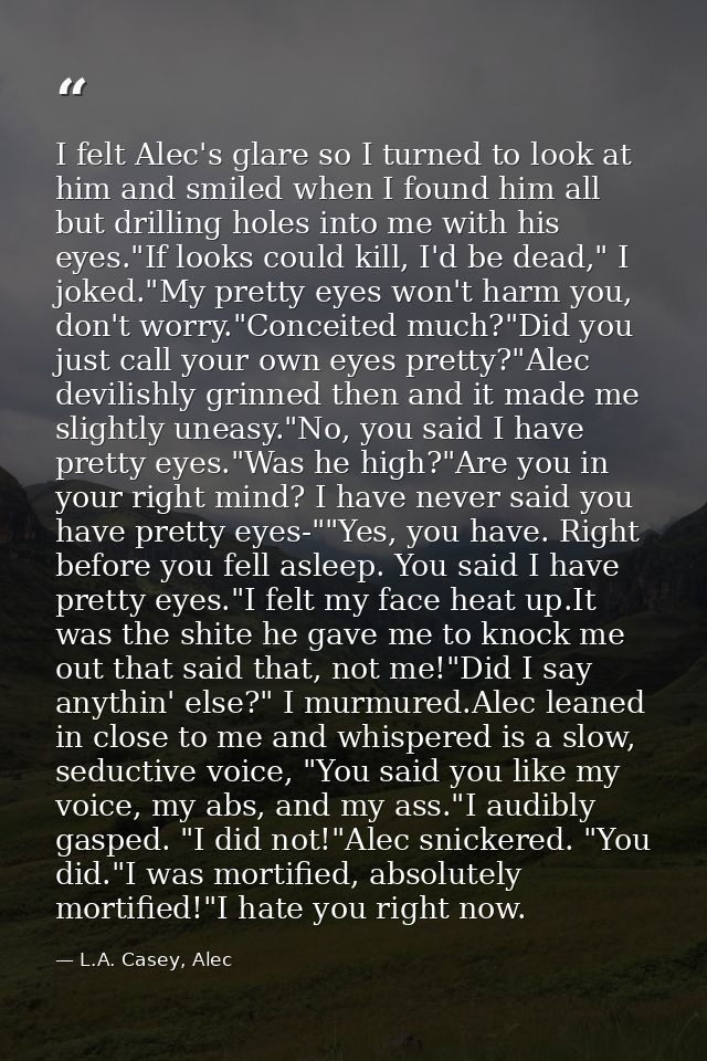 I felt Alec's glare so I turned to look at him and smiled when I found him all but drilling holes into me with his eyes. — L.A. Casey, Alec
