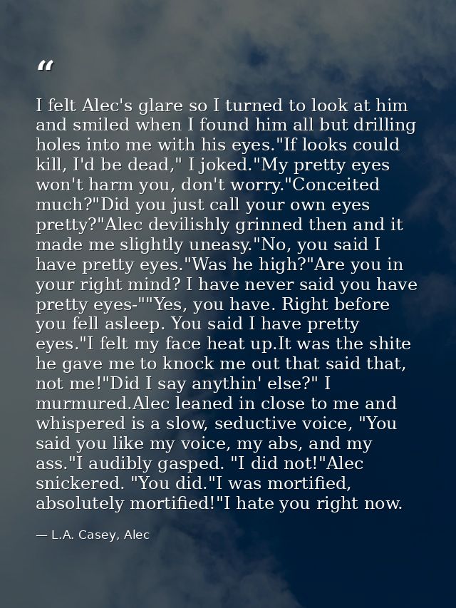 I felt Alec's glare so I turned to look at him and smiled when I found him all but drilling holes into me with his eyes. — L.A. Casey, Alec