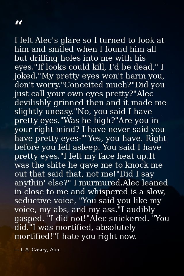 I felt Alec's glare so I turned to look at him and smiled when I found him all but drilling holes into me with his eyes. — L.A. Casey, Alec