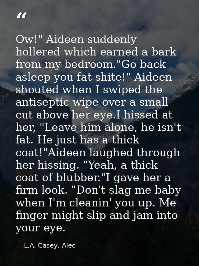 Ow!" Aideen suddenly hollered which earned a bark from my bedroom."Go back asleep you fat shite!" Aideen shouted when I  — L.A. Casey, Alec