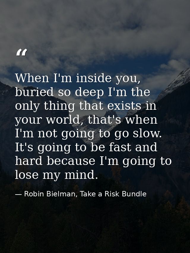 When I'm inside you, buried so deep I'm the only thing that exists in your world, that's when I'm not going to go slow.  — Robin Bielman, Take a Risk Bundle