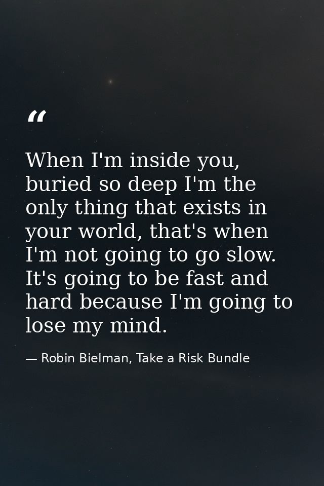When I'm inside you, buried so deep I'm the only thing that exists in your world, that's when I'm not going to go slow.  — Robin Bielman, Take a Risk Bundle