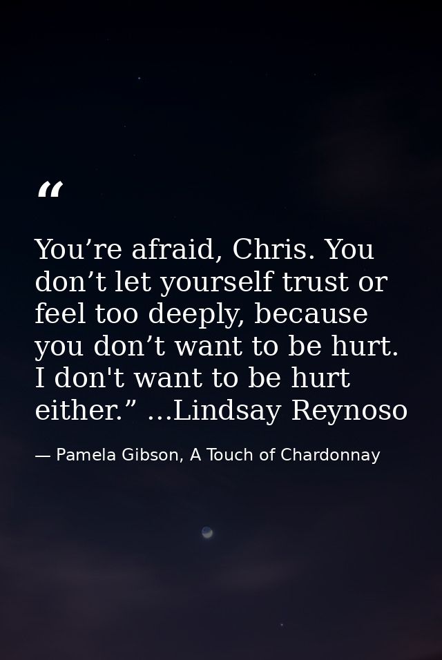 You’re afraid, Chris. You don’t let yourself trust or feel too deeply, because you don’t want to be hurt. I don't want t — Pamela Gibson, A Touch of Chardonnay