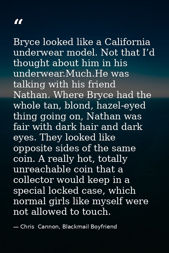 Bryce looked like a California underwear model. Not that I’d thought about him in his underwear.Much.He was talking with — Chris  Cannon, Blackmail Boyfriend