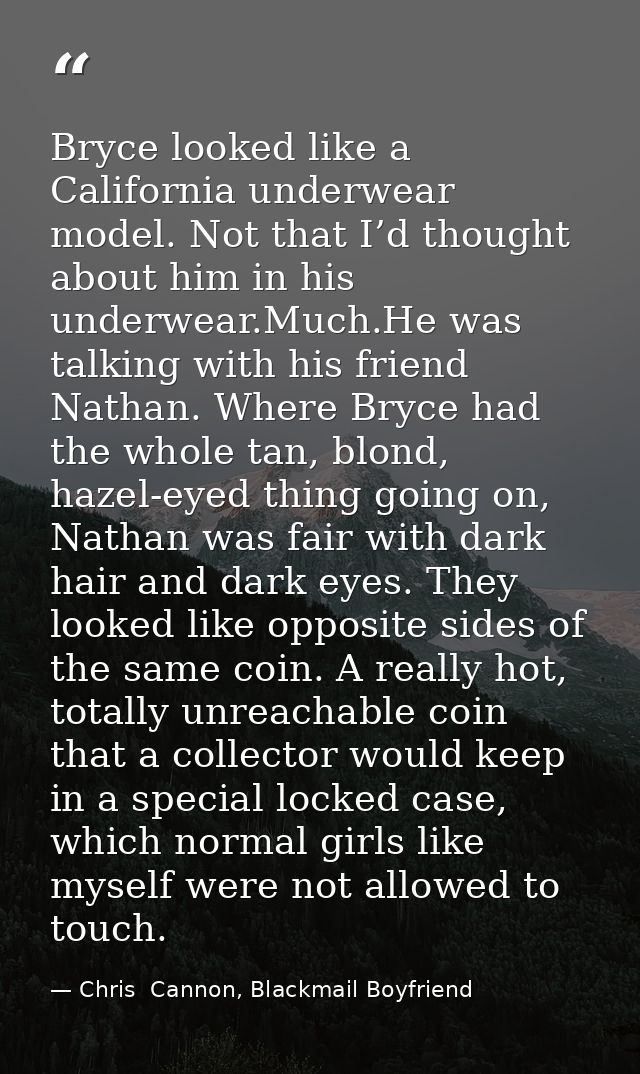 Bryce looked like a California underwear model. Not that I’d thought about him in his underwear.Much.He was talking with — Chris  Cannon, Blackmail Boyfriend