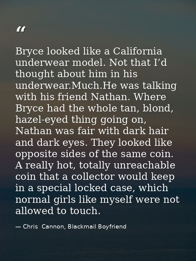 Bryce looked like a California underwear model. Not that I’d thought about him in his underwear.Much.He was talking with — Chris  Cannon, Blackmail Boyfriend
