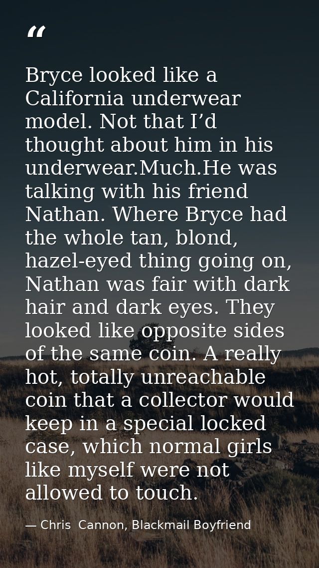 Bryce looked like a California underwear model. Not that I’d thought about him in his underwear.Much.He was talking with — Chris  Cannon, Blackmail Boyfriend