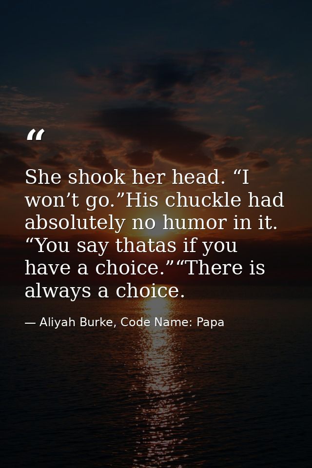 She shook her head. “I won’t go.”His chuckle had absolutely no humor in it. “You say thatas if you have a choice.”“There — Aliyah Burke, Code Name: Papa