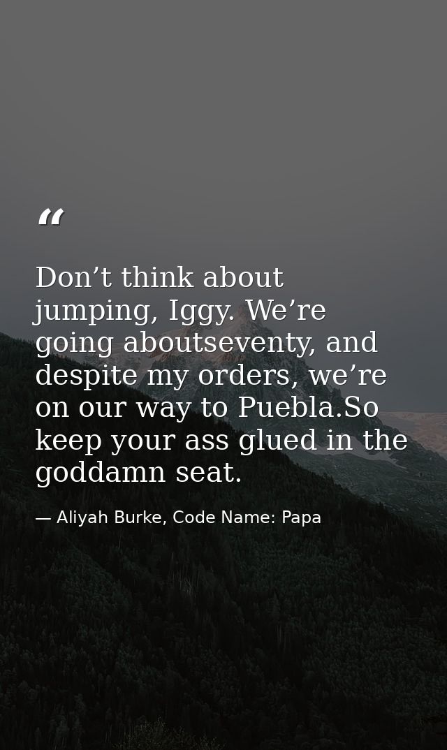 Don’t think about jumping, Iggy. We’re going aboutseventy, and despite my orders, we’re on our way to Puebla.So keep you — Aliyah Burke, Code Name: Papa