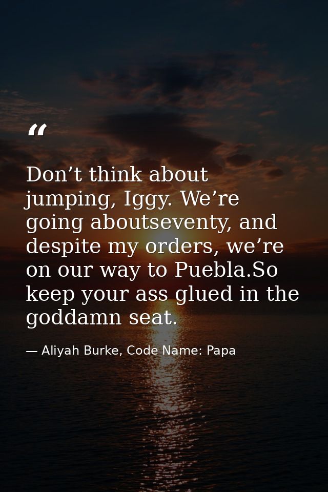 Don’t think about jumping, Iggy. We’re going aboutseventy, and despite my orders, we’re on our way to Puebla.So keep you — Aliyah Burke, Code Name: Papa
