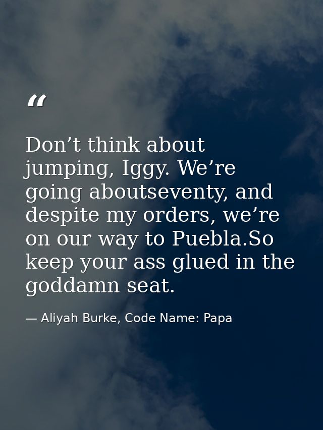 Don’t think about jumping, Iggy. We’re going aboutseventy, and despite my orders, we’re on our way to Puebla.So keep you — Aliyah Burke, Code Name: Papa