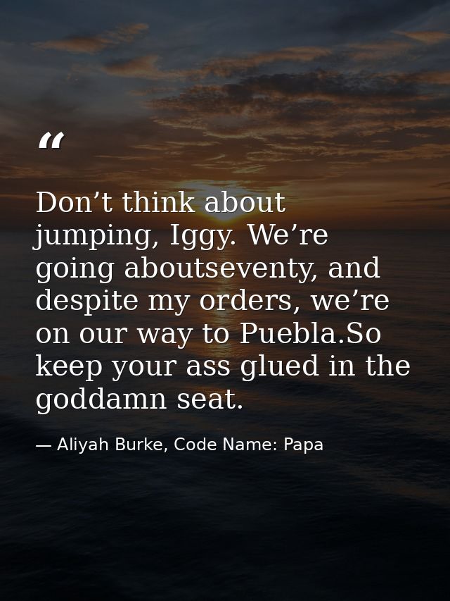 Don’t think about jumping, Iggy. We’re going aboutseventy, and despite my orders, we’re on our way to Puebla.So keep you — Aliyah Burke, Code Name: Papa