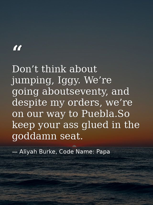 Don’t think about jumping, Iggy. We’re going aboutseventy, and despite my orders, we’re on our way to Puebla.So keep you — Aliyah Burke, Code Name: Papa