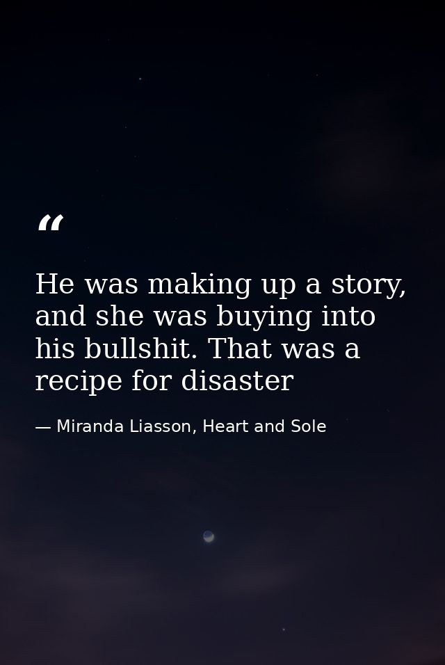 He was making up a story, and she was buying into his bullshit. That was a recipe for disaster — Miranda Liasson, Heart and Sole