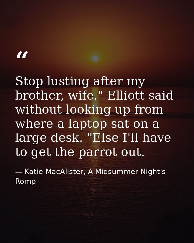 Stop lusting after my brother, wife." Elliott said without looking up from where a laptop sat on a large desk. "Else I'l — Katie MacAlister, A Midsummer Night's Romp