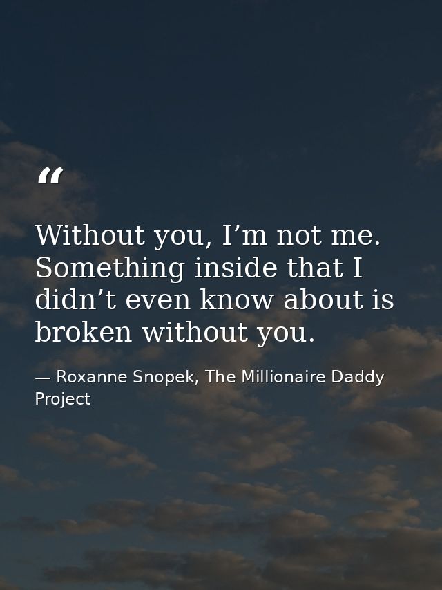 Without you, I’m not me. Something inside that I didn’t even know about is broken without you. — Roxanne Snopek, The Millionaire Daddy Project