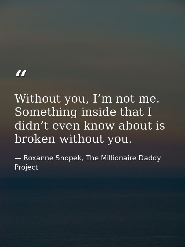Without you, I’m not me. Something inside that I didn’t even know about is broken without you. — Roxanne Snopek, The Millionaire Daddy Project