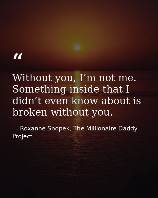 Without you, I’m not me. Something inside that I didn’t even know about is broken without you. — Roxanne Snopek, The Millionaire Daddy Project