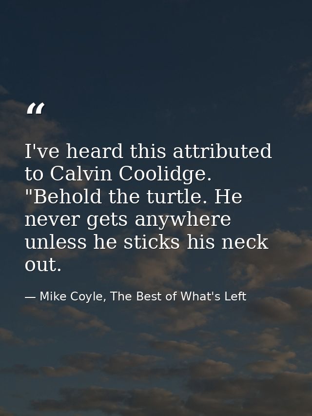 I've heard this attributed to Calvin Coolidge. "Behold the turtle. He never gets anywhere unless he sticks his neck out. — Mike Coyle, The Best of What's Left