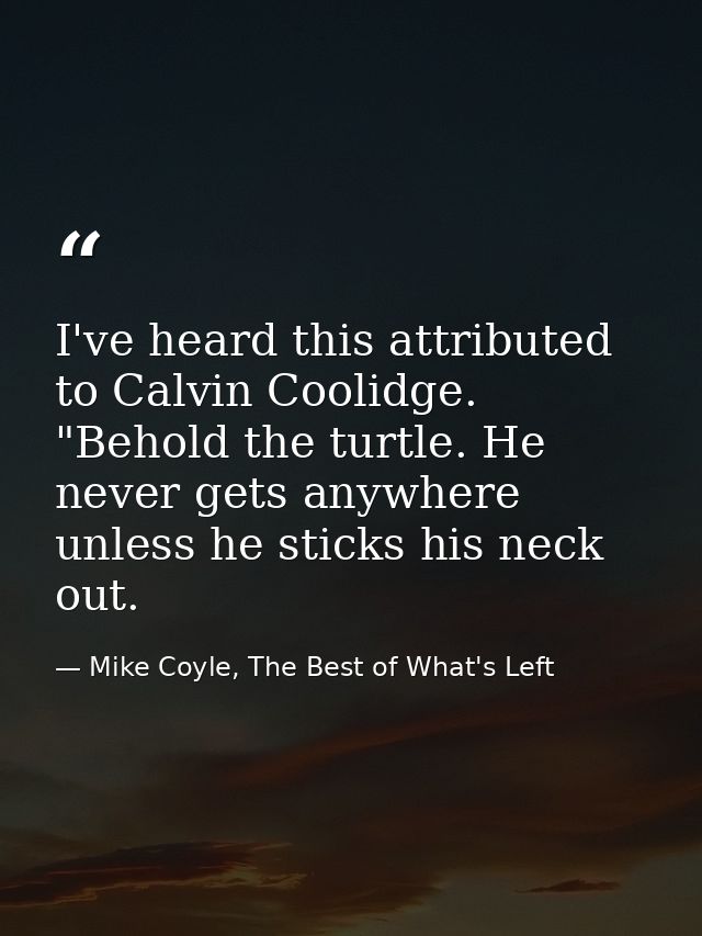 I've heard this attributed to Calvin Coolidge. "Behold the turtle. He never gets anywhere unless he sticks his neck out. — Mike Coyle, The Best of What's Left
