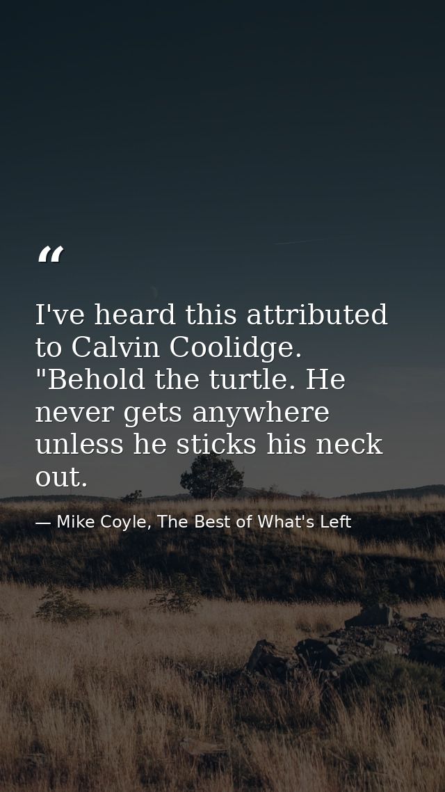 I've heard this attributed to Calvin Coolidge. "Behold the turtle. He never gets anywhere unless he sticks his neck out. — Mike Coyle, The Best of What's Left