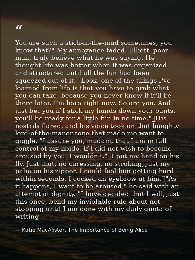 You are such a stick-in-the-mud sometimes, you know that?" My annoyance faded. Elliott, poor man, truly believe what he  — Katie MacAlister, The Importance of Being Alice