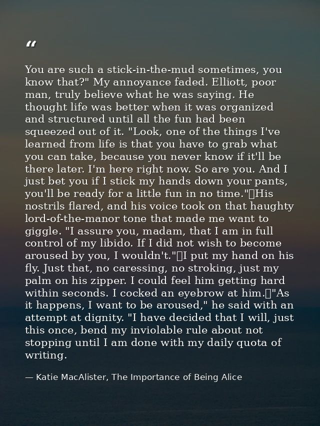 You are such a stick-in-the-mud sometimes, you know that?" My annoyance faded. Elliott, poor man, truly believe what he  — Katie MacAlister, The Importance of Being Alice