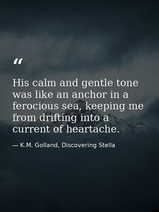 His calm and gentle tone was like an anchor in a ferocious sea, keeping me from drifting into a current of heartache. — K.M. Golland, Discovering Stella