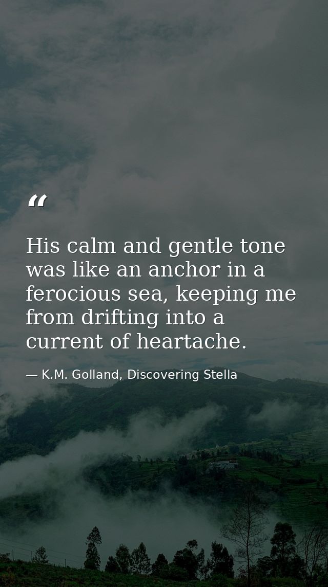 His calm and gentle tone was like an anchor in a ferocious sea, keeping me from drifting into a current of heartache. — K.M. Golland, Discovering Stella