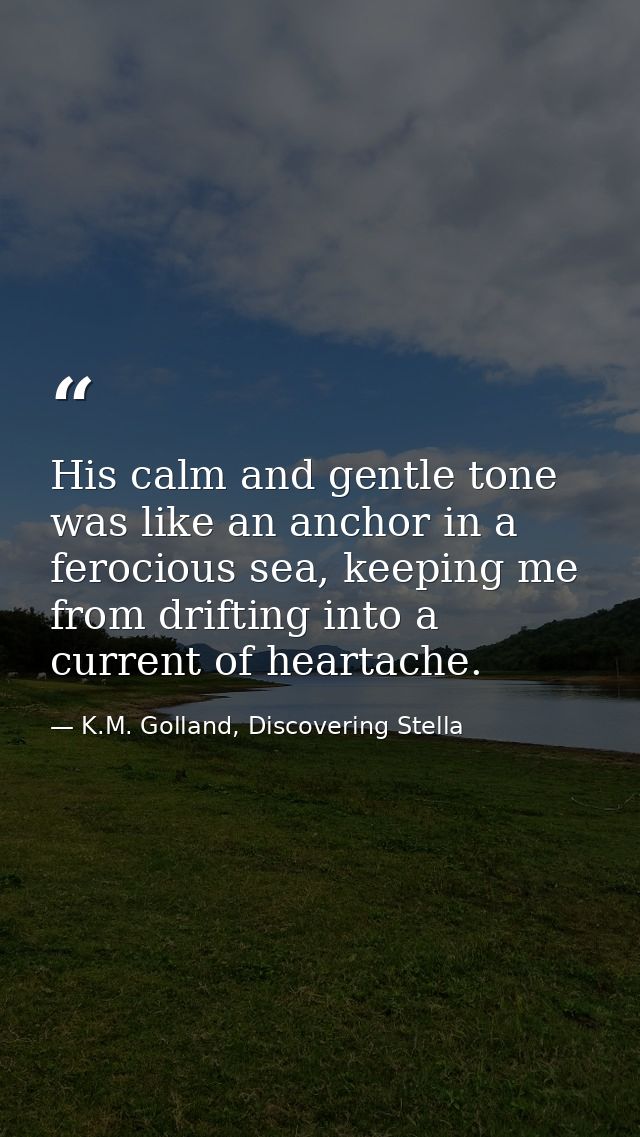 His calm and gentle tone was like an anchor in a ferocious sea, keeping me from drifting into a current of heartache. — K.M. Golland, Discovering Stella