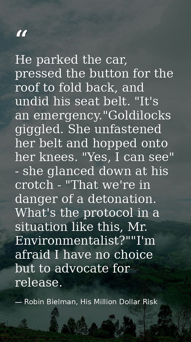 He parked the car, pressed the button for the roof to fold back, and undid his seat belt. "It's an emergency."Goldilocks — Robin Bielman, His Million Dollar Risk
