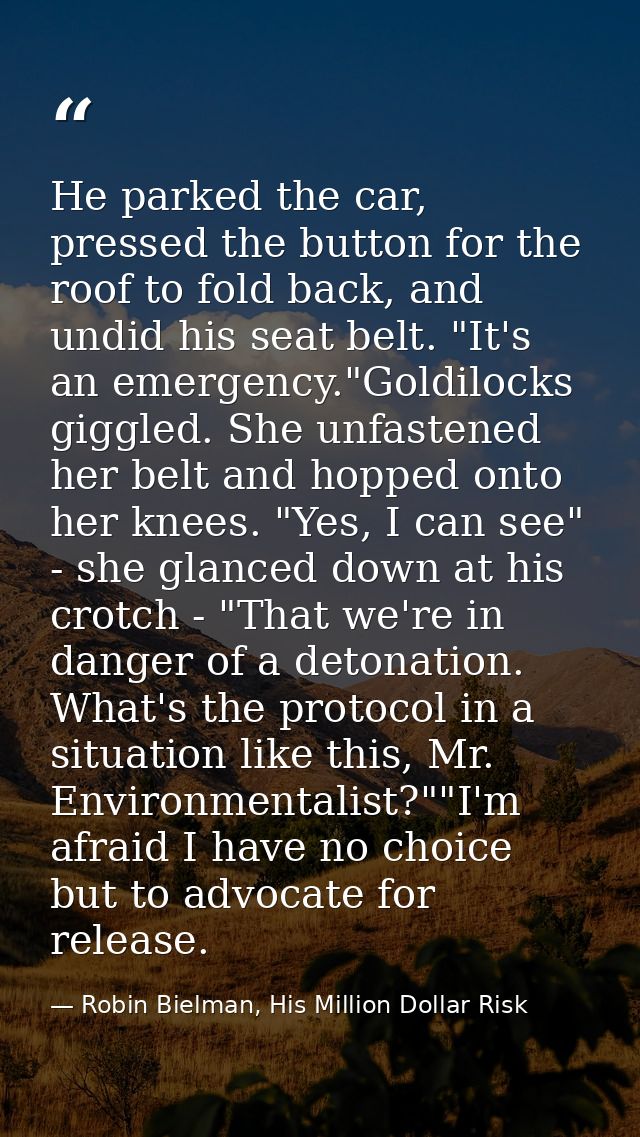 He parked the car, pressed the button for the roof to fold back, and undid his seat belt. "It's an emergency."Goldilocks — Robin Bielman, His Million Dollar Risk