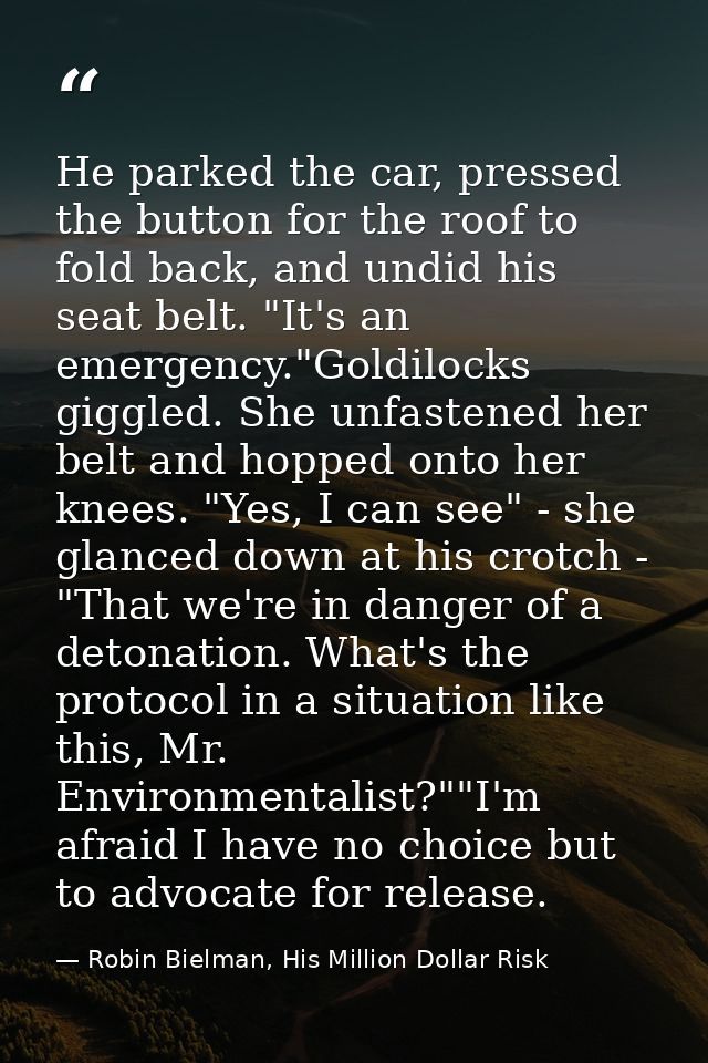 He parked the car, pressed the button for the roof to fold back, and undid his seat belt. "It's an emergency."Goldilocks — Robin Bielman, His Million Dollar Risk