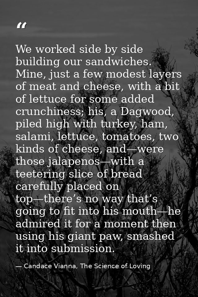 We worked side by side building our sandwiches. Mine, just a few modest layers of meat and cheese, with a bit of lettuce — Candace Vianna, The Science of Loving
