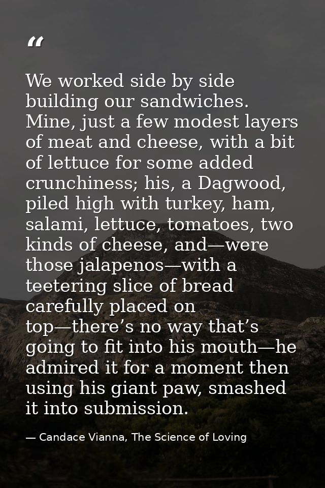 We worked side by side building our sandwiches. Mine, just a few modest layers of meat and cheese, with a bit of lettuce — Candace Vianna, The Science of Loving