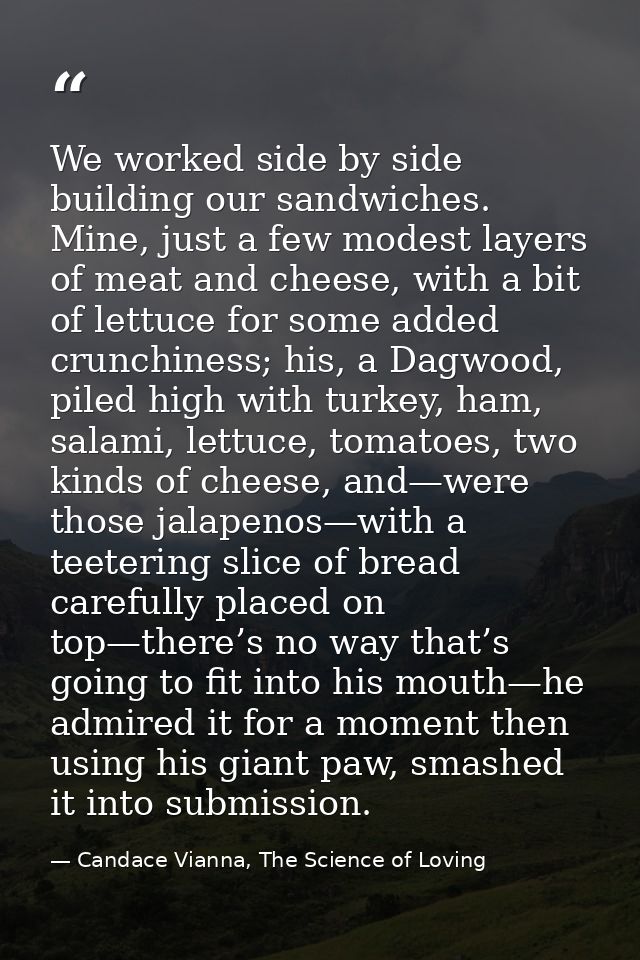 We worked side by side building our sandwiches. Mine, just a few modest layers of meat and cheese, with a bit of lettuce — Candace Vianna, The Science of Loving