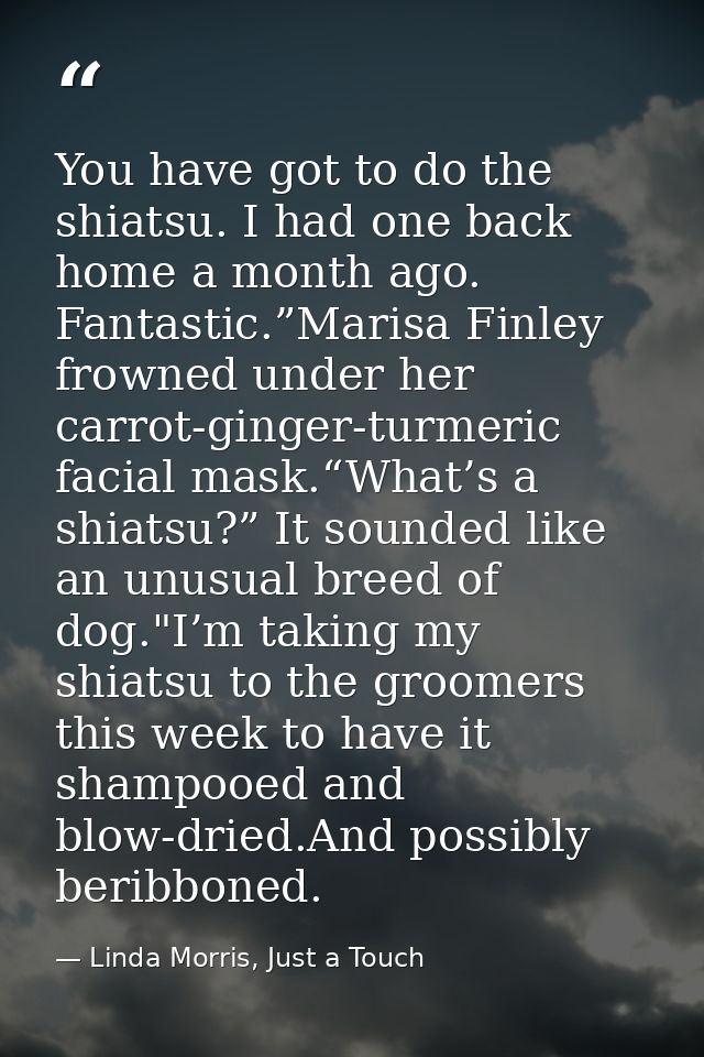 You have got to do the shiatsu. I had one back home a month ago. Fantastic.”Marisa Finley frowned under her carrot-ginge — Linda Morris, Just a Touch