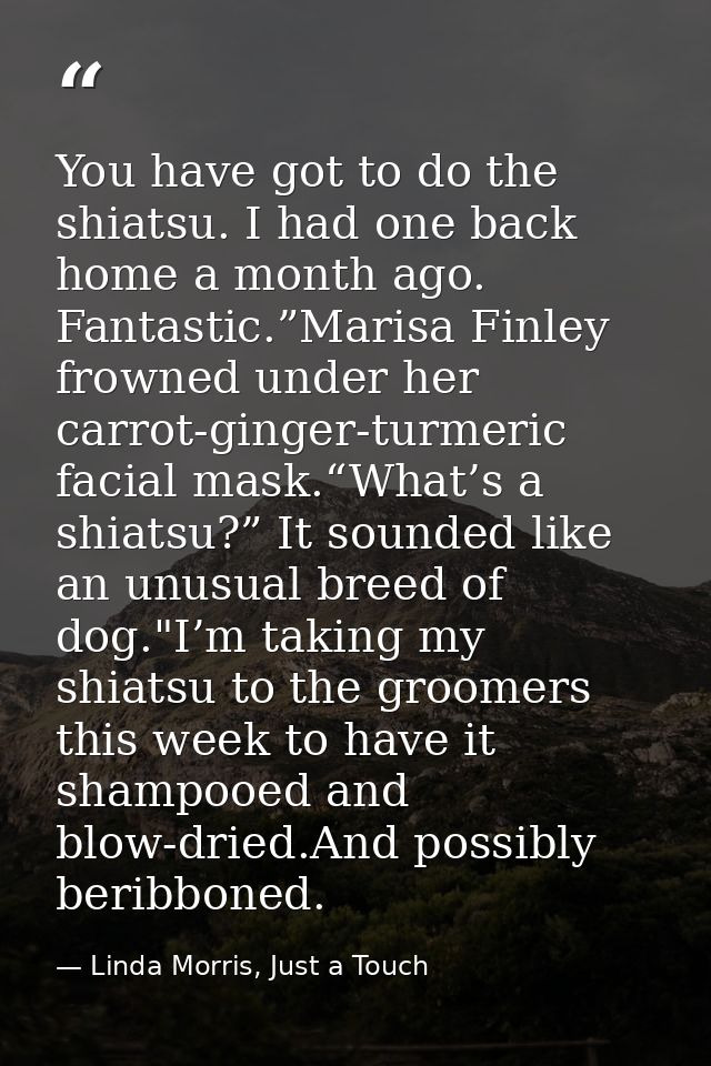 You have got to do the shiatsu. I had one back home a month ago. Fantastic.”Marisa Finley frowned under her carrot-ginge — Linda Morris, Just a Touch