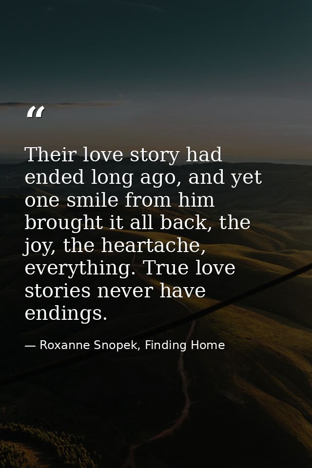 Their love story had ended long ago, and yet one smile from him brought it all back, the joy, the heartache, everything. — Roxanne Snopek, Finding Home